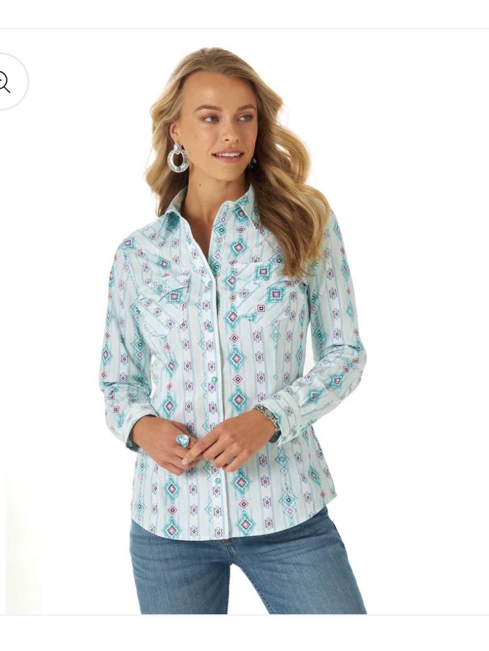 Aqua Geo-Print Button-Down Western Shirt